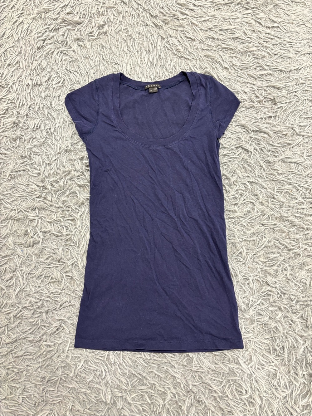 Theory Womens Blue Cotton Short Sleeve Scoop Neck Fitted Shirt Petite Minimalist